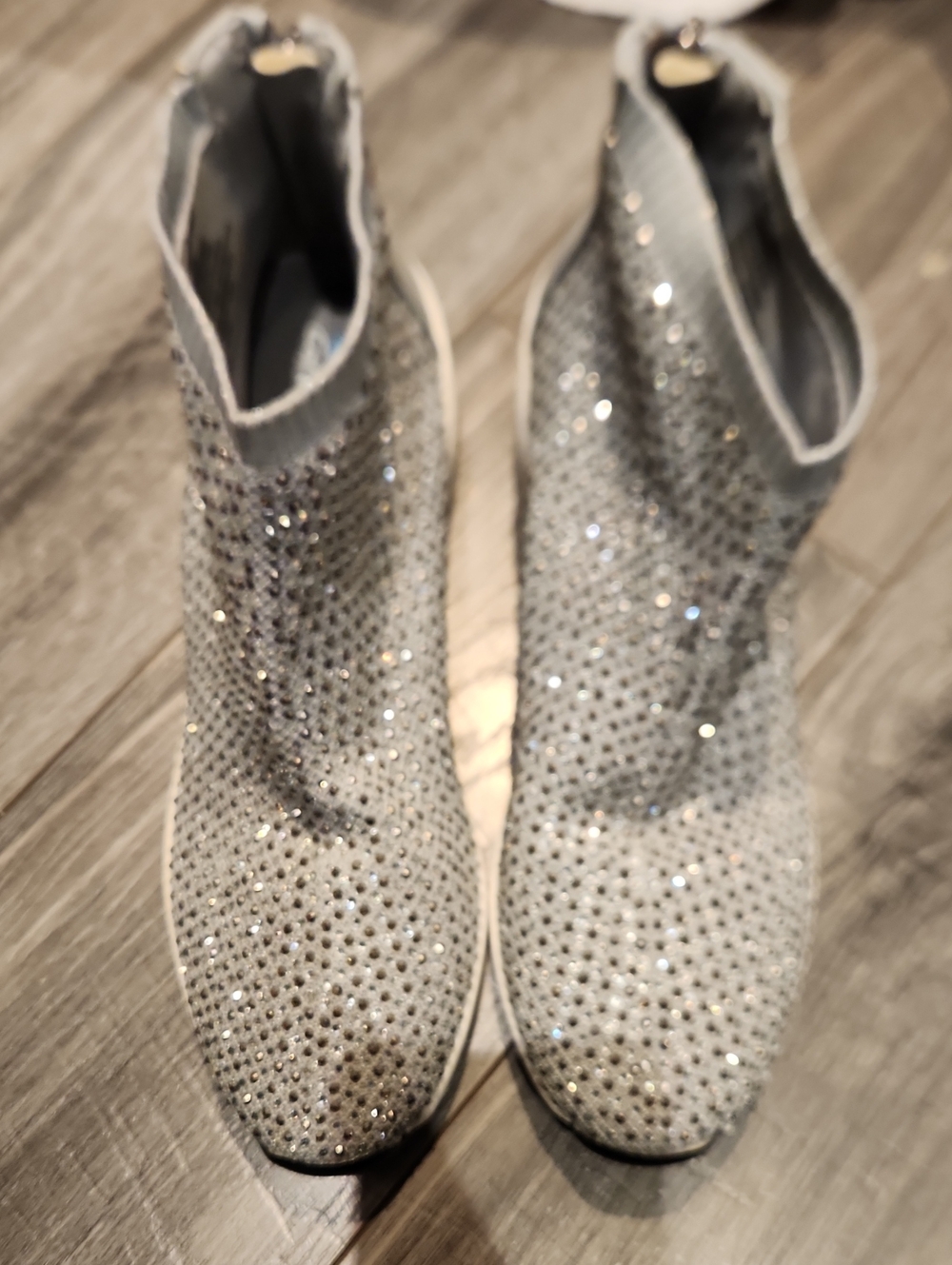 Crystal-Embellished Silver Knit Ankle Booties